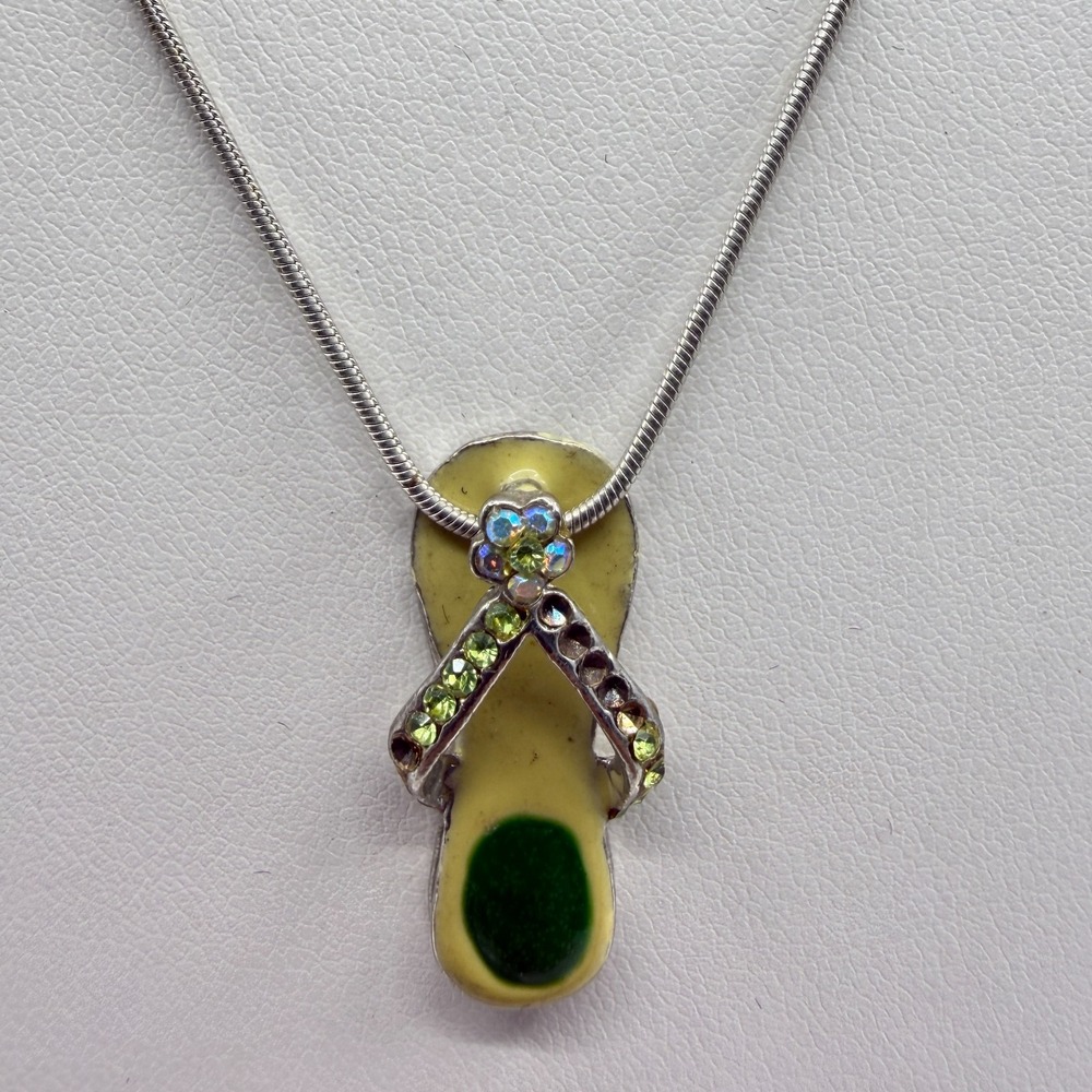 Fun Yellow Green Enamel Flip Flop Pendant Necklace Sparkly Summer Beach Jewelry